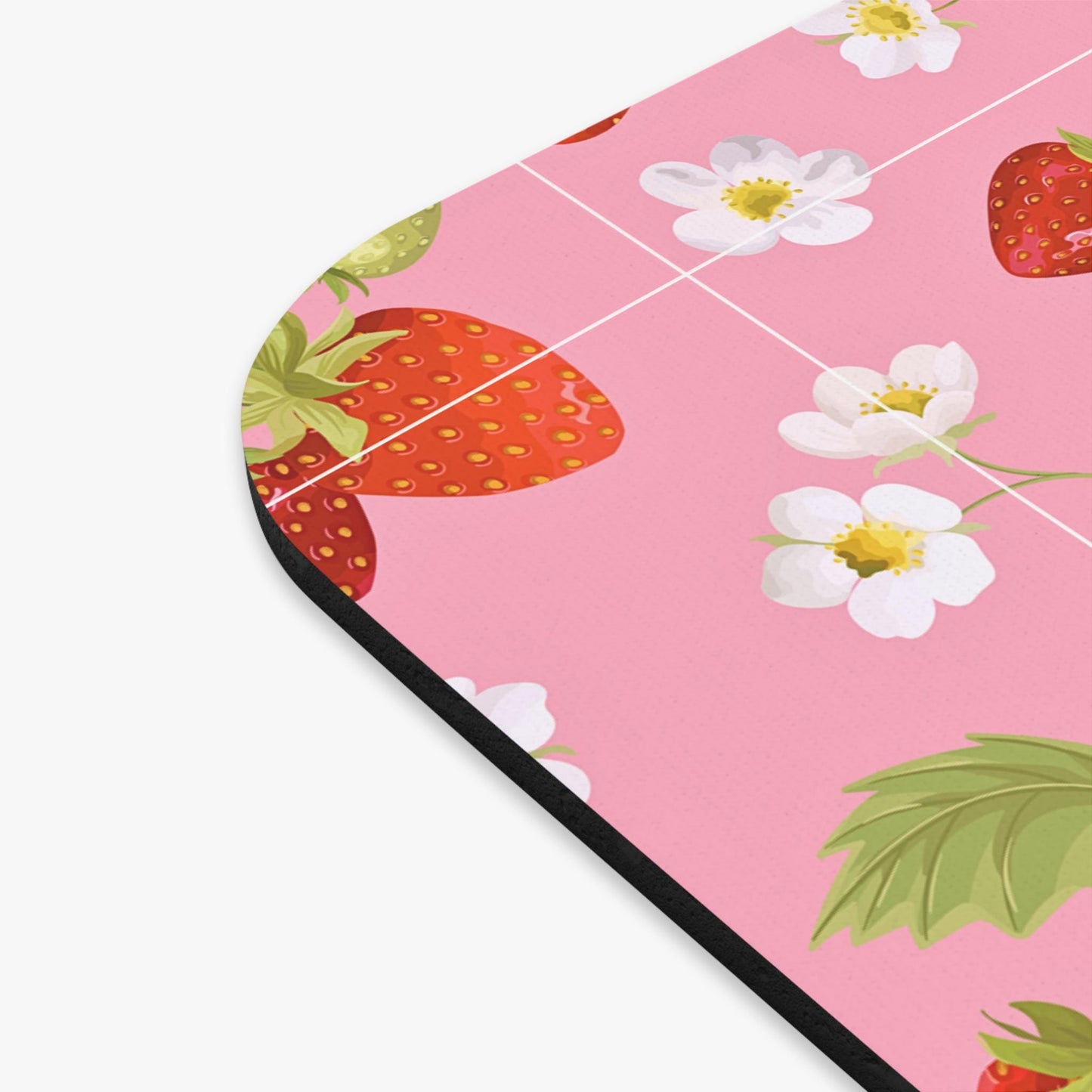 Strawberry Garden Mouse Pad (Rectangle), Spring Floral Desk Mat, Girly Pink Backing, Pretty Office Decor, Summer Fruit Design