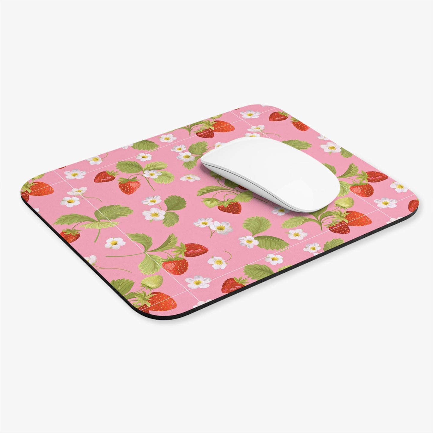 Strawberry Garden Mouse Pad (Rectangle), Spring Floral Desk Mat, Girly Pink Backing, Pretty Office Decor, Summer Fruit Design